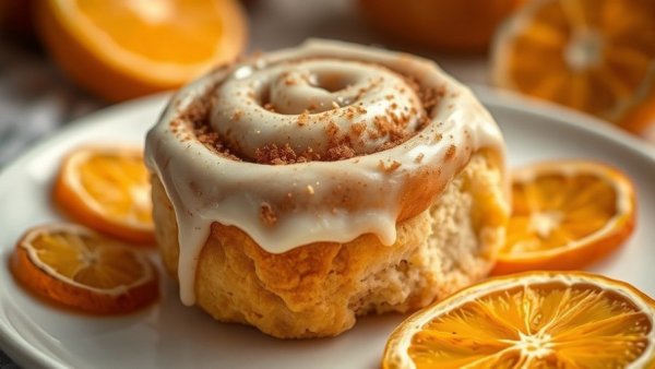 Fluffy Orange Cinnamon Rolls with creamy frosting and dried oranges.