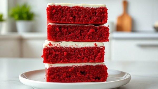 Appetizing grain-free red velvet cake bars with creamy frosting.