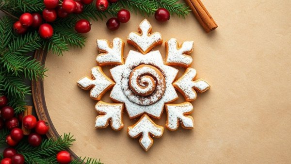 Cinnamon roll snowflake with cranberries and cinnamon sticks, holiday themed.
