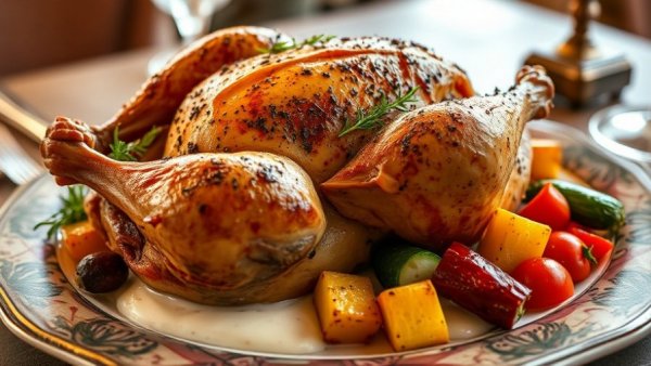 Whole roasted chicken plate with herbs and veggies in Myrtle Beach.