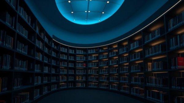 Modern library with curved shelves, dim lighting; related to mental health risk factors.