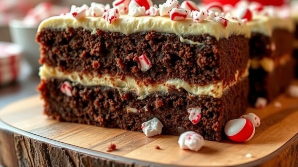 Fudgy chocolate peppermint snacking cake with frosting and candy.