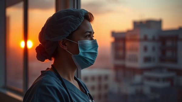 Thoughtful healthcare worker in mask looking out window.