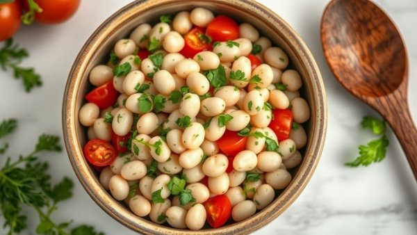 Copycat Erewhon Organic White Bean Tomato Salad in a bowl on marble.