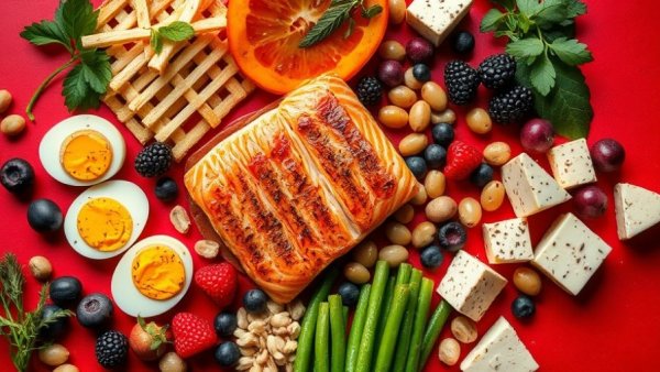 Protein-rich foods layout including salmon, eggs, and beans.