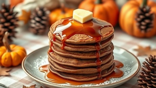 Gingerbread pancakes stack with syrup and butter in fall setting.