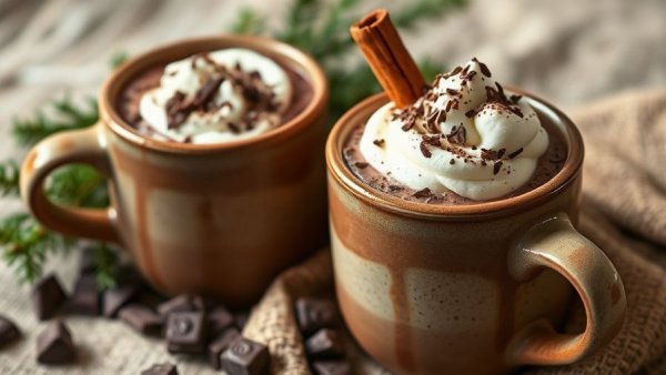 Healthier hot chocolate in rustic mugs with cinnamon sticks and fir sprigs.