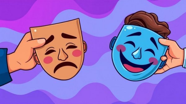 Abstract illustration of emotional masks highlighting emotional authenticity responses.
