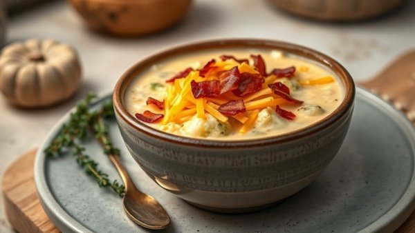 Lightened Up Cheddar Cauliflower Broccoli Soup with cheese and bacon.