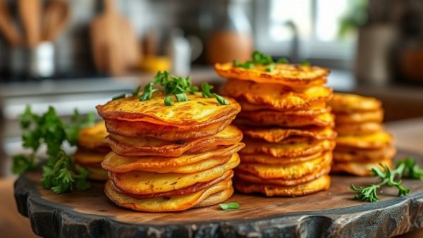 Crispy Cacio e Pepe Potato Stacks, golden and garnished with herbs on platter.