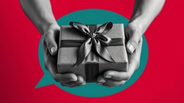 Monochrome hands holding ribbon-wrapped gift on colorful background.
