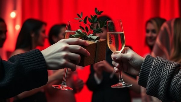 Festive scene with gifts and toasting glasses, best question to ask at a party theme.