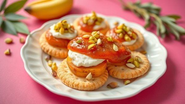 Guava cheese crackers with pistachios on a plate.