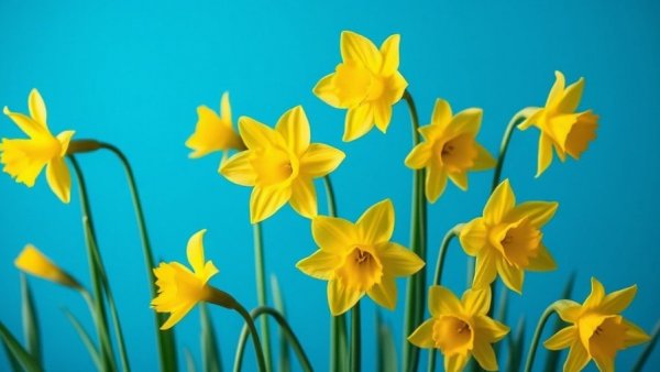 Blooming yellow daffodils with blue swirl on blue background.
