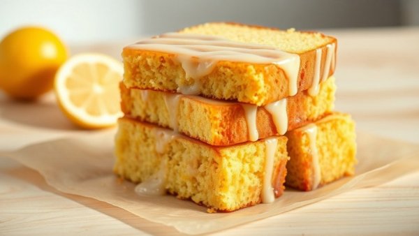 Vegan lemon olive oil cake slices with creamy glaze.