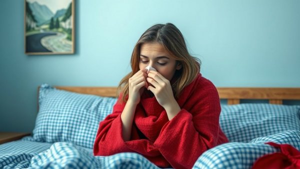 Sick woman sneezing in bed, highlighting flu symptoms.