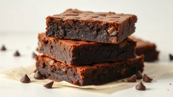 Stack of vegan double chocolate brownies on parchment paper.