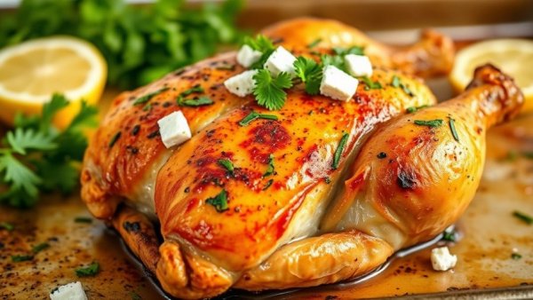 Seasonal January baked chicken with lemon and herbs on a baking sheet.