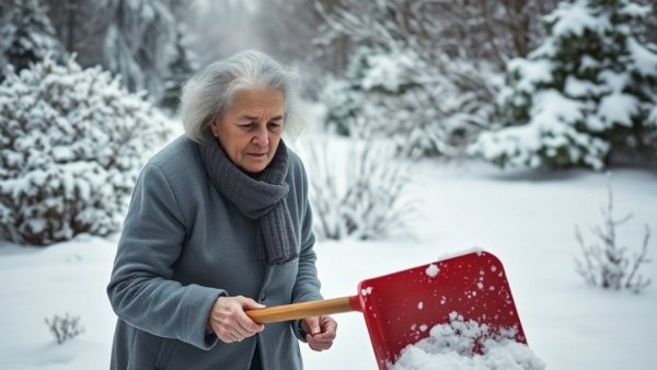 Elderly woman shoveling snow for safety with tips context.