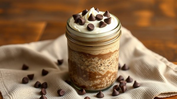 Rustic glass jar of high protein chocolate coffee overnight oats topped with whipped cream and chocolate chips.