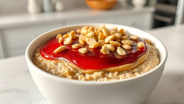 Peanut butter and jelly protein oatmeal in a white bowl on counter.