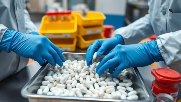 Pharmaceutical lab scene with pills and gloved hands, Wegovy Pill Weight Loss South Carolina.