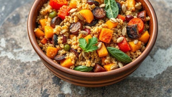 Warm roasted vegetable harvest couscous salad in a bowl, colorful and fresh.