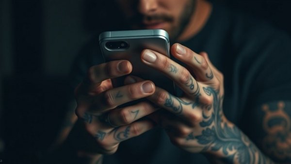 Tattooed hands using smartphone, symbolic of internet addiction and ADHD.