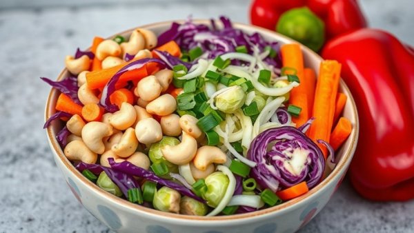 Cashew Crunch Shredded Brussels Sprouts Salad with fresh ingredients in a bowl.