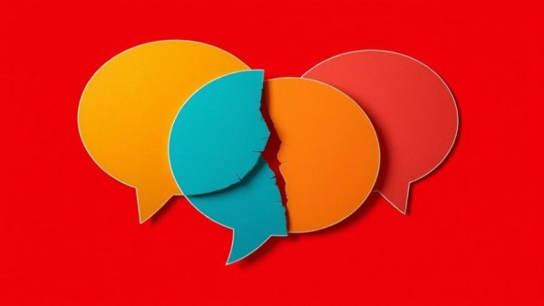 Three speech bubbles torn apart on a red background, symbolizing exiting a group chat.