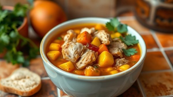 Vibrant high-protein soup with chicken and vegetables, garnished with cilantro.