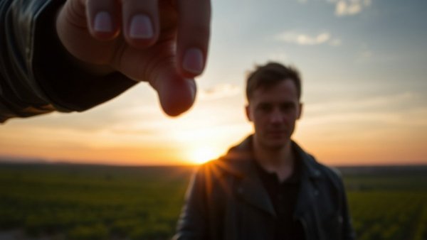 Woman obscuring camera with hand during sunset, hinting vulnerability.