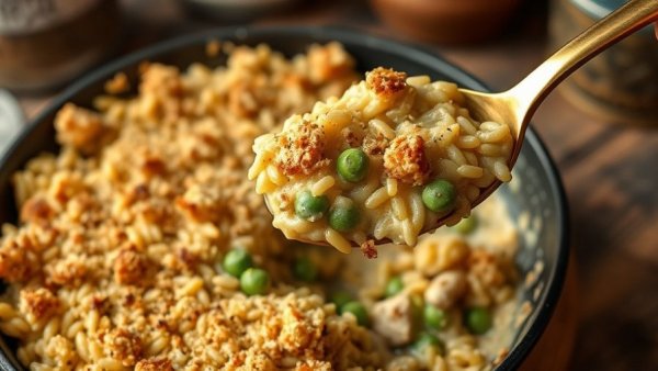Golden Cheesy Tuna Orzo Skillet in rustic setting.