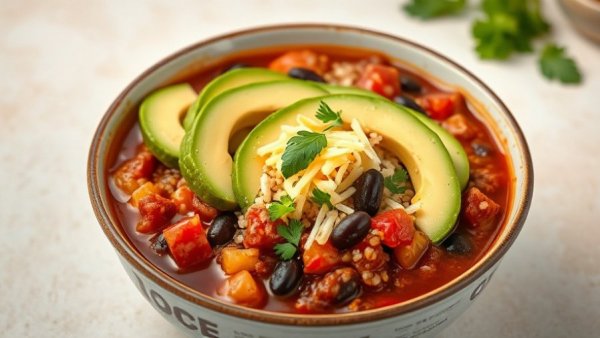 Hearty bowl of chili with avocado and herbs, healthy chili recipe.