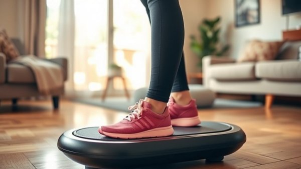 Legs on vibration plate in cozy living room setting, exploring effectiveness.