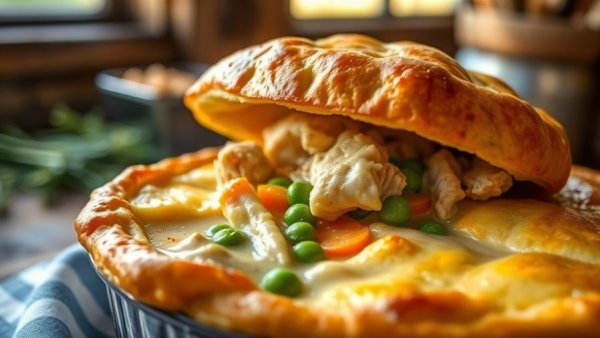 Lightened-up chicken pot pie with golden crust and creamy filling.