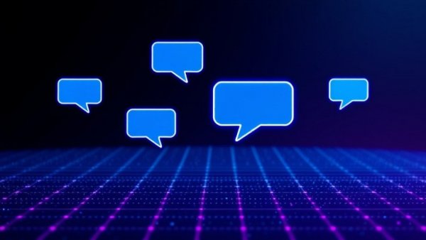 Impact of AI on social life depicted with neon speech bubbles over digital grid.