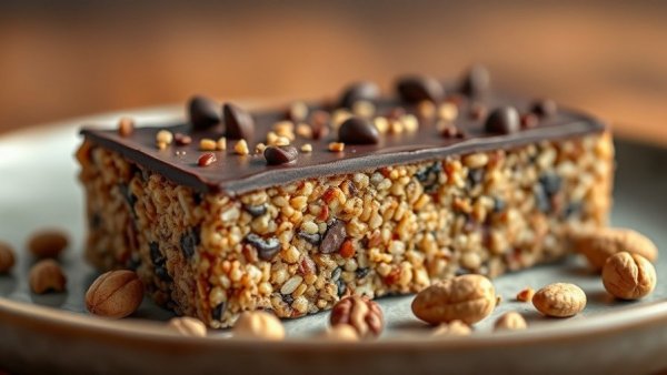 Healthy dark chocolate quinoa bar with nuts on a plate.