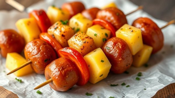 Close-up of Sausage Pepper and Pineapple Skewers on parchment paper.