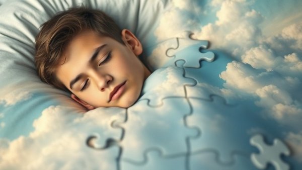 Surreal scene of sleep and puzzles tied to problem-solving dreams.