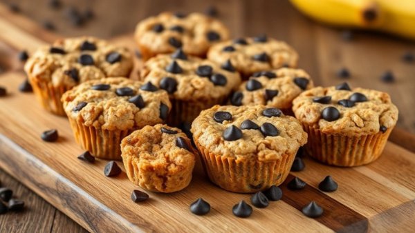 Freshly baked peanut butter banana baked oatmeal cups with chocolate chips, arranged on a wooden board.