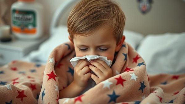 Child under blanket sneezing, related to rhinoviruses and asthma.