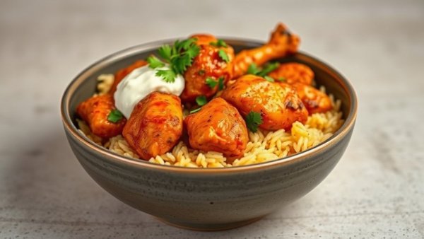 One-pan Tandoori Chicken with rice and yogurt garnishment.