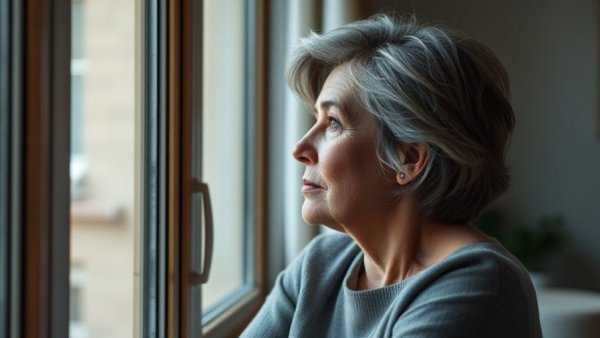 Contemplative midlife woman in a modern home setting.