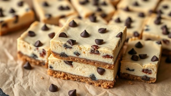 Delicious no-bake vegan chocolate chip cheesecake bars with layers and chocolate chips.