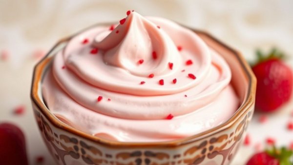 Strawberry cream cheese frosting with spoon in a bowl, close-up.