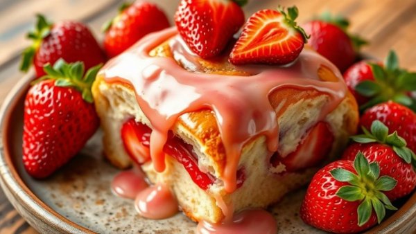 Strawberry sweet rolls with glaze and fresh berries.