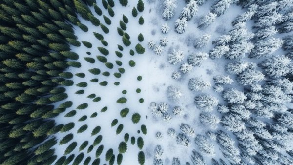 Aerial view of contrasting green and snow-covered forest, representing computerised adaptive testing for paranoia.