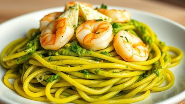 Cilantro Pistachio Pesto Shrimp Pasta beautifully plated.
