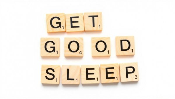 Wooden tiles spelling 'GET GOOD SLEEP' emphasize healthy sleep.